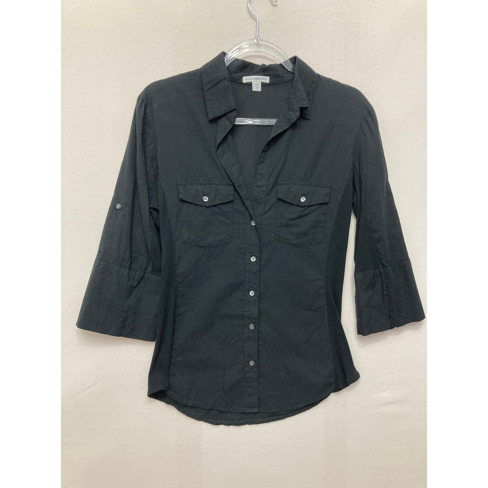 James Perse Contrast Ribbed Panel Button Down Shirt Black Size 3/Large Roll Tab